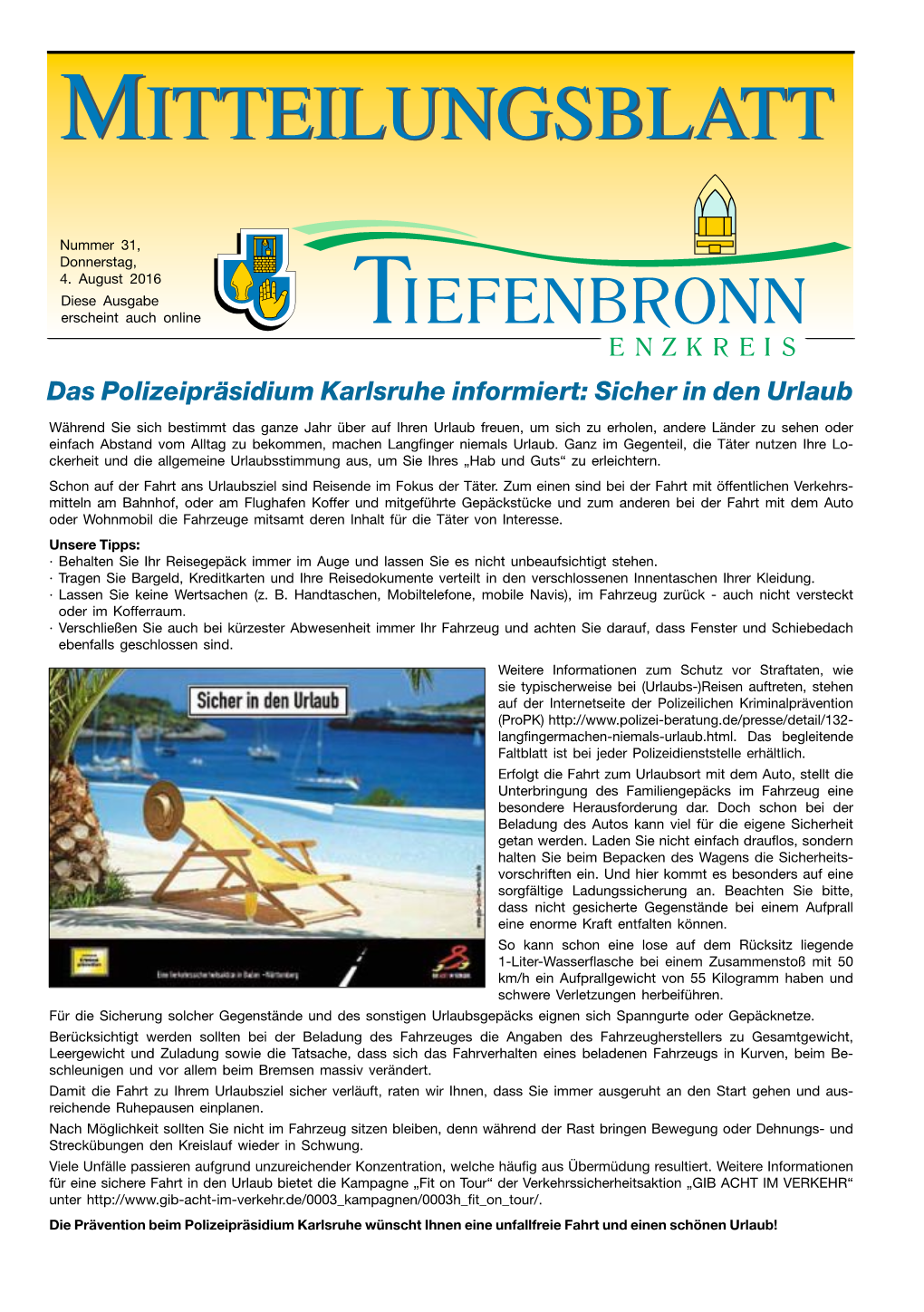 Das Polizeipräsidium Karlsruhe Informiert: Sicher in Den Urlaub