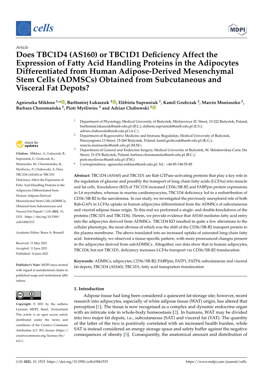 Does TBC1D4 (AS160) Or TBC1D1 Deficiency Affect the Expression of Fatty Acid Handling Proteins in the Adipocytes Differentiated