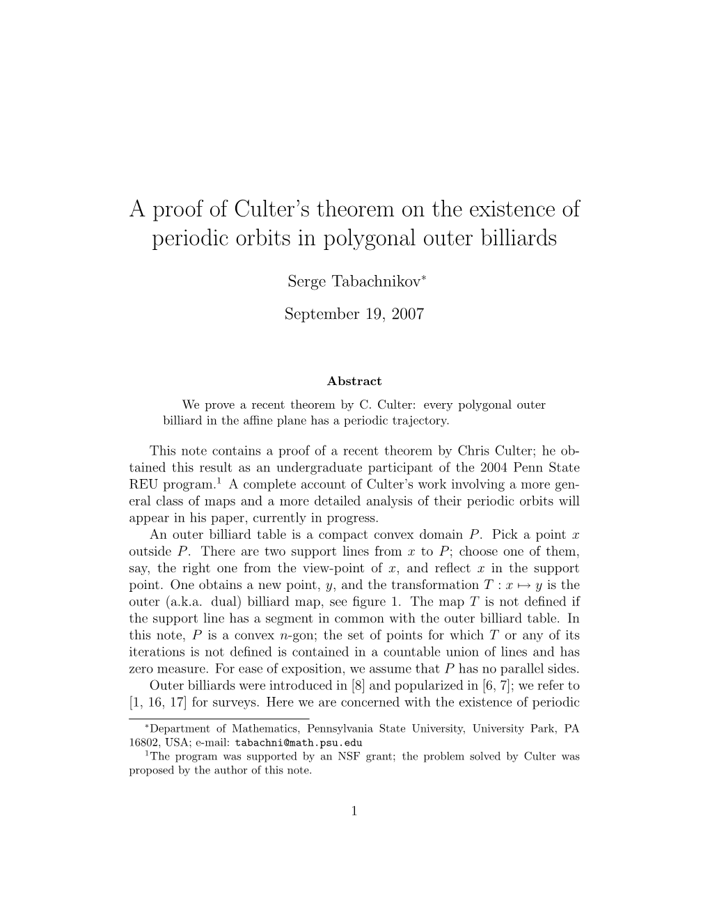 A Proof of Culter's Theorem on the Existence of Periodic Orbits In