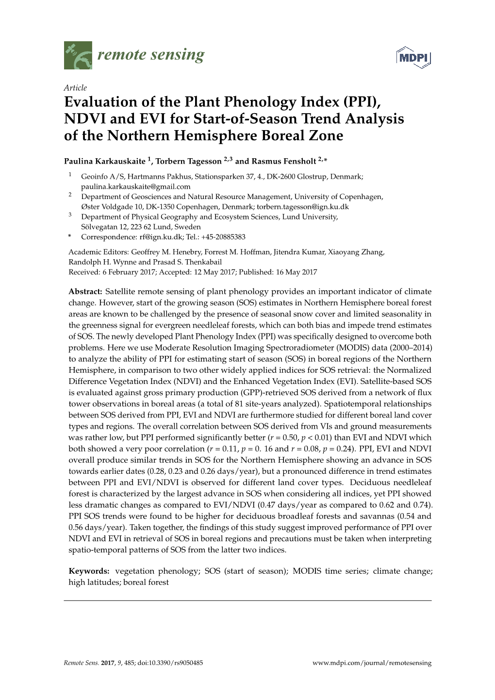 Evaluation of the Plant Phenology Index (PPI), NDVI and EVI for Start-Of-Season Trend Analysis of the Northern Hemisphere Boreal Zone