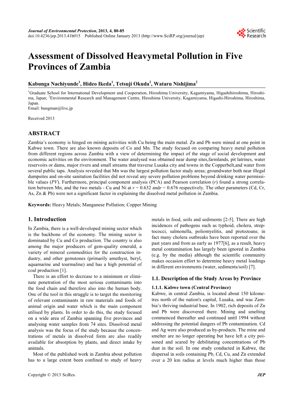 Assessment of Dissolved Heavymetal Pollution in Five Provinces of Zambia