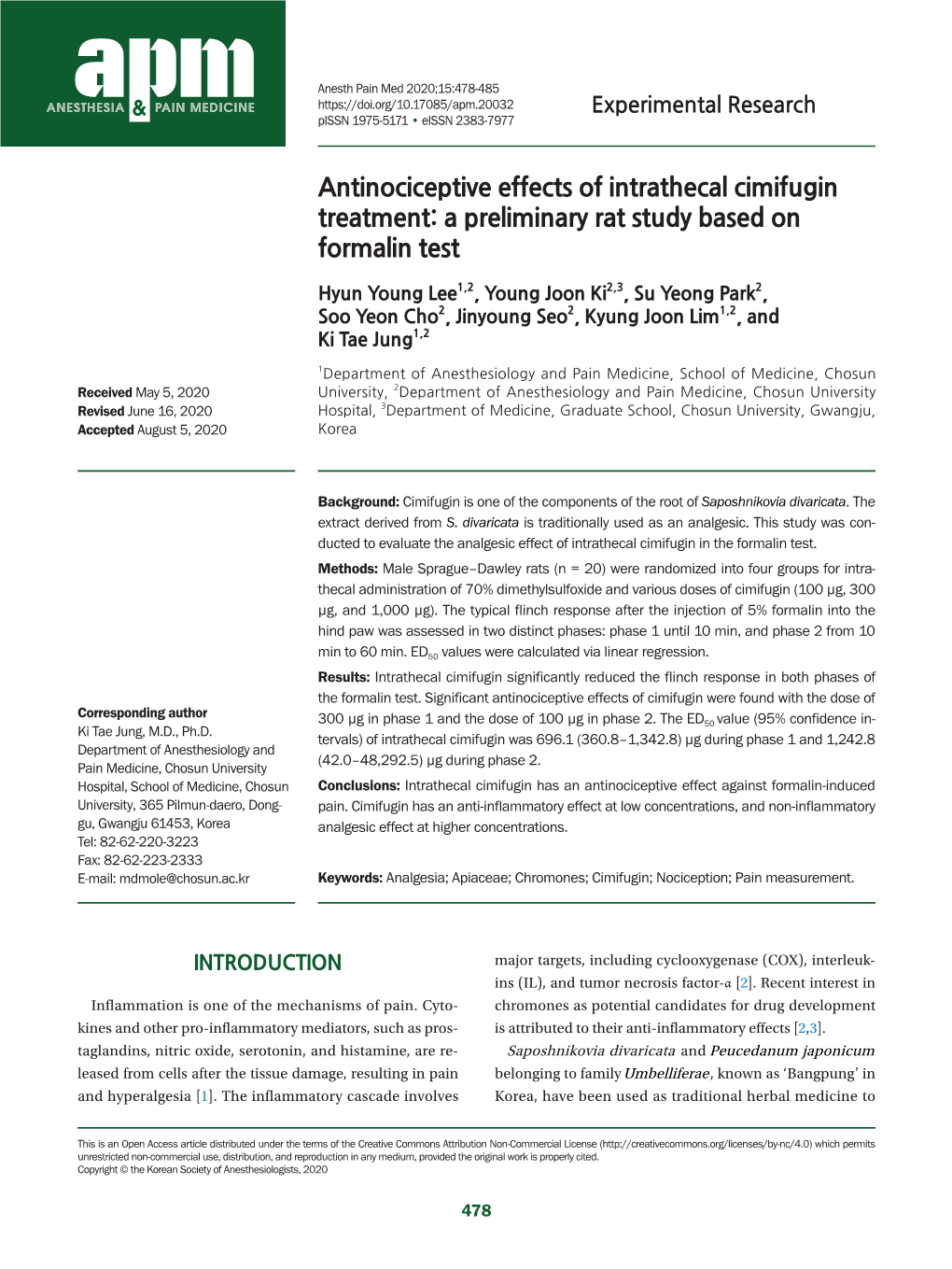 Antinociceptive Effects of Intrathecal Cimifugin Treatment: a Preliminary Rat Study Based on Formalin Test