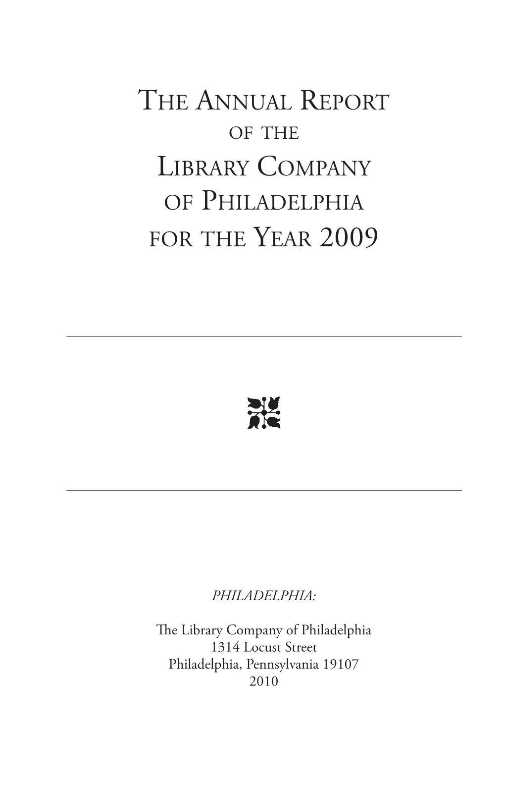 The Annual Report Library Company of Philadelphia