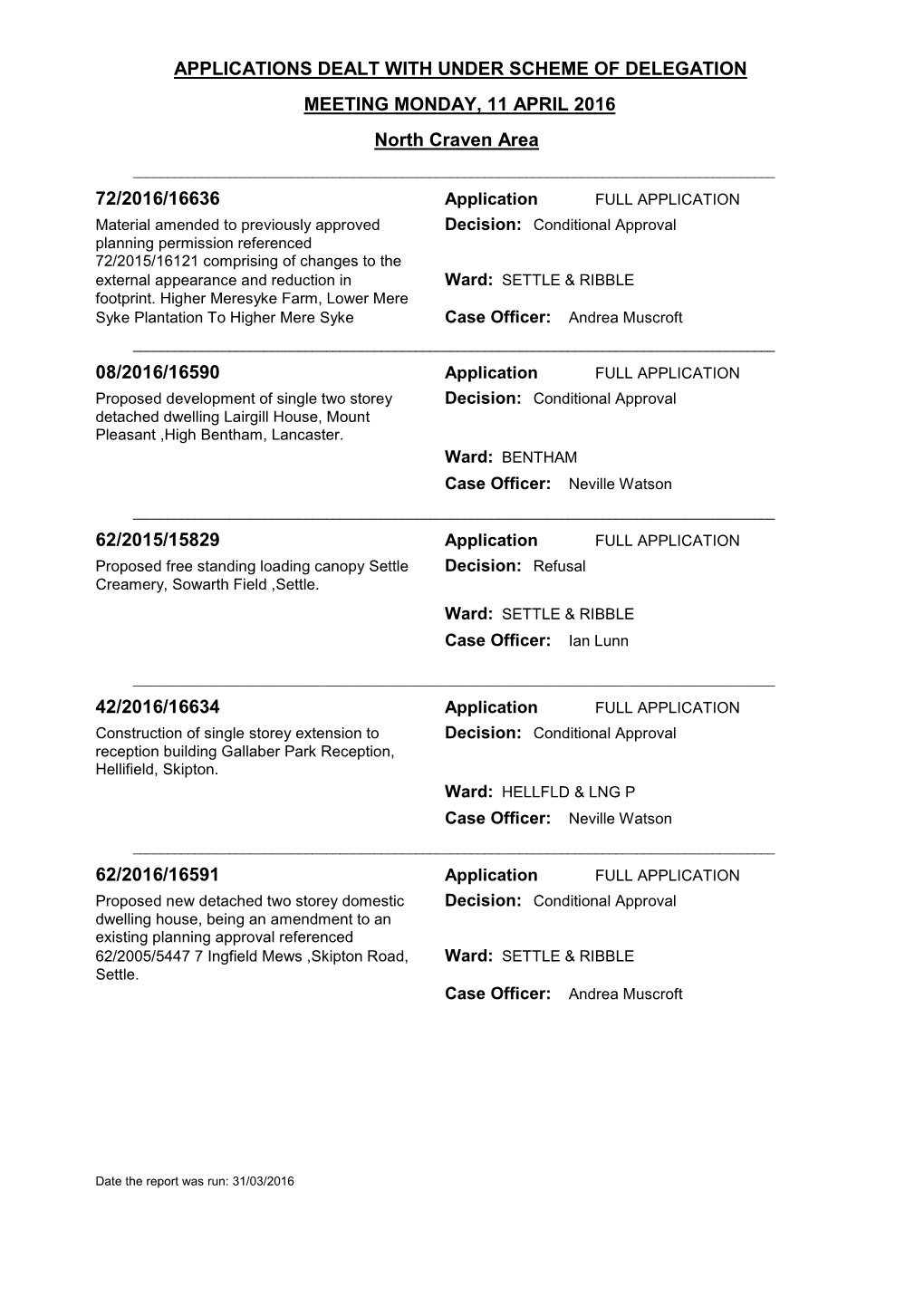 APPLICATIONS DEALT with UNDER SCHEME of DELEGATION MEETING MONDAY, 11 APRIL 2016 North Craven Area 72/2016/16636 08/2016/16590 6