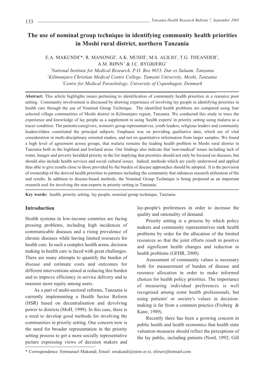 The Use of Nominal Group Technique in Identifying Community Health Priorities in Moshi Rural District, Northern Tanzania