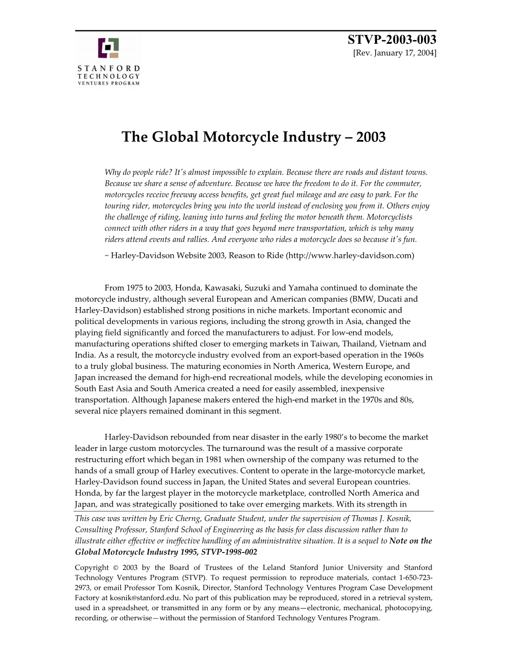 The Global Motorcycle Industry – 2003