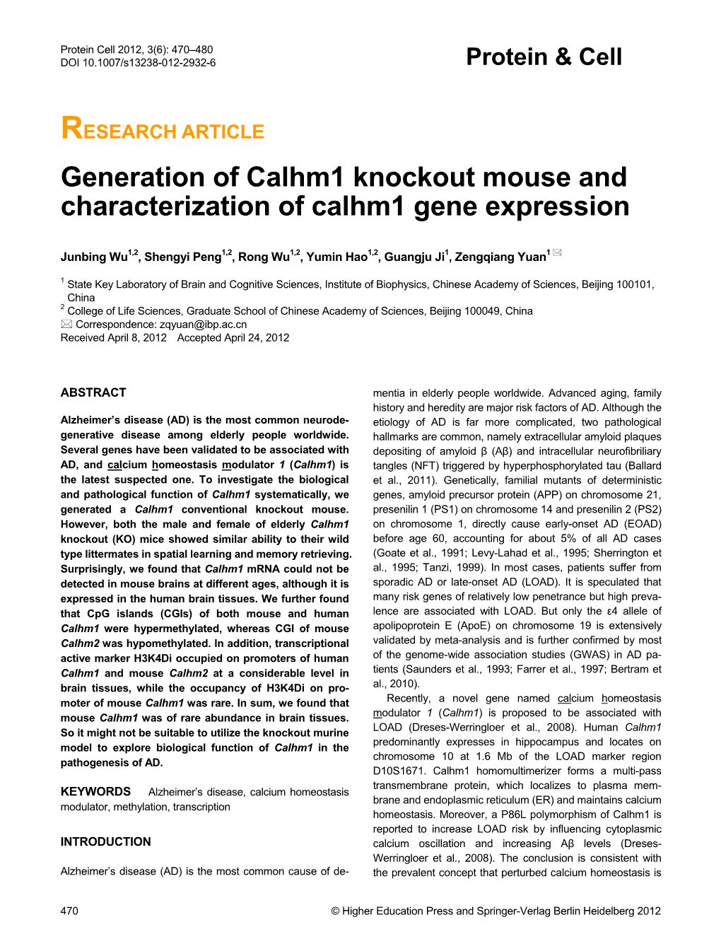 Generation of Calhm1 Knockout Mouse and Characterization of Calhm1 Gene Expression