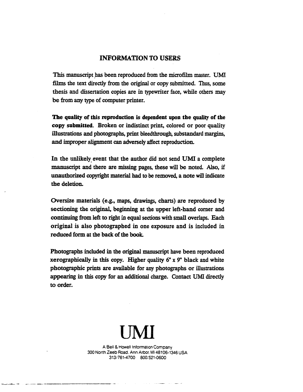 INFORMATION to USERS This Manuscript Has Been Reproduced from the Microfilm Master. UMI Films the Text Directly from the Origina