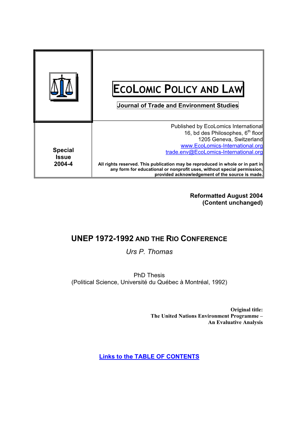 UNEP 1972-1992 and the Rio Conference, Phd Thesis