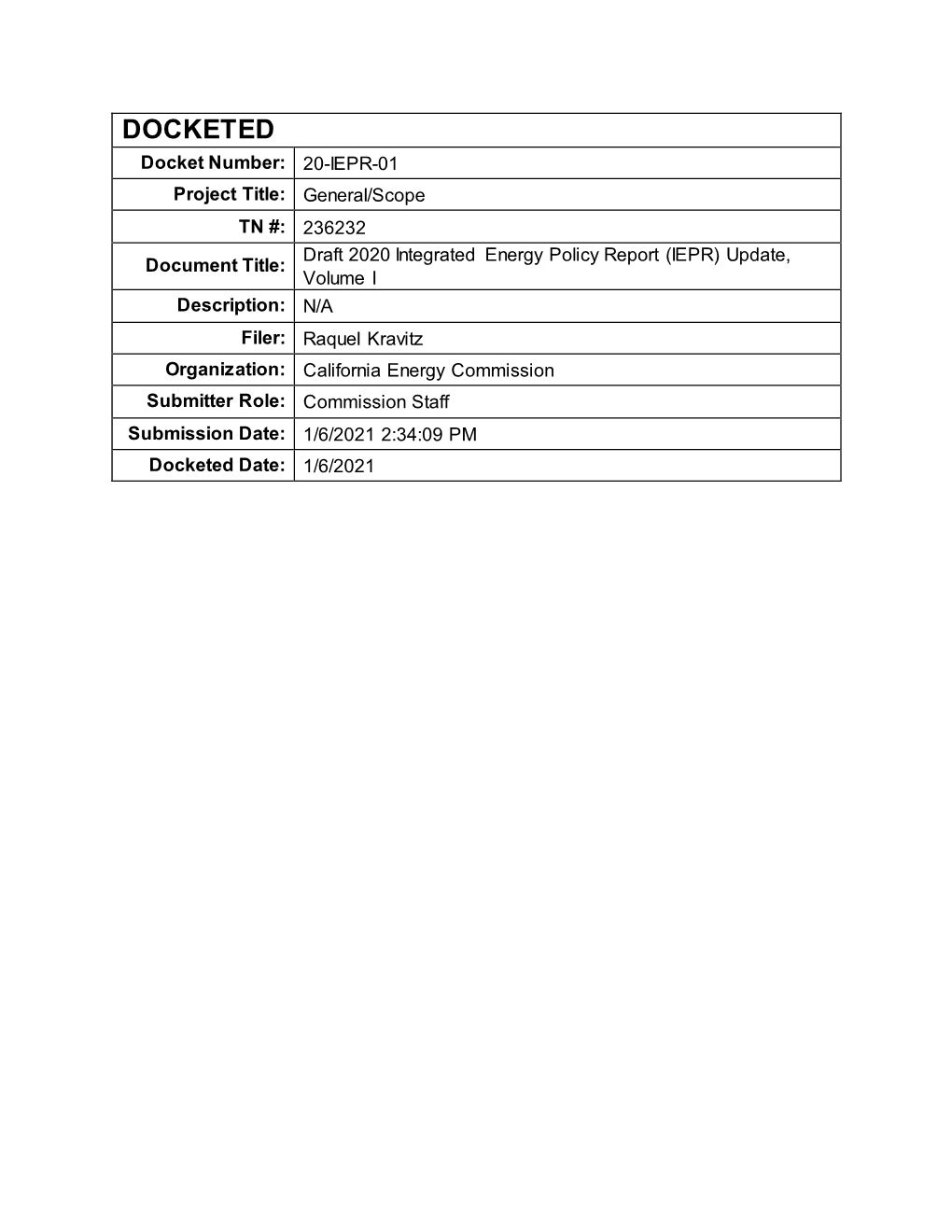 Draft 2020 Integrated Energy Policy Report (IEPR) Update, Volume I