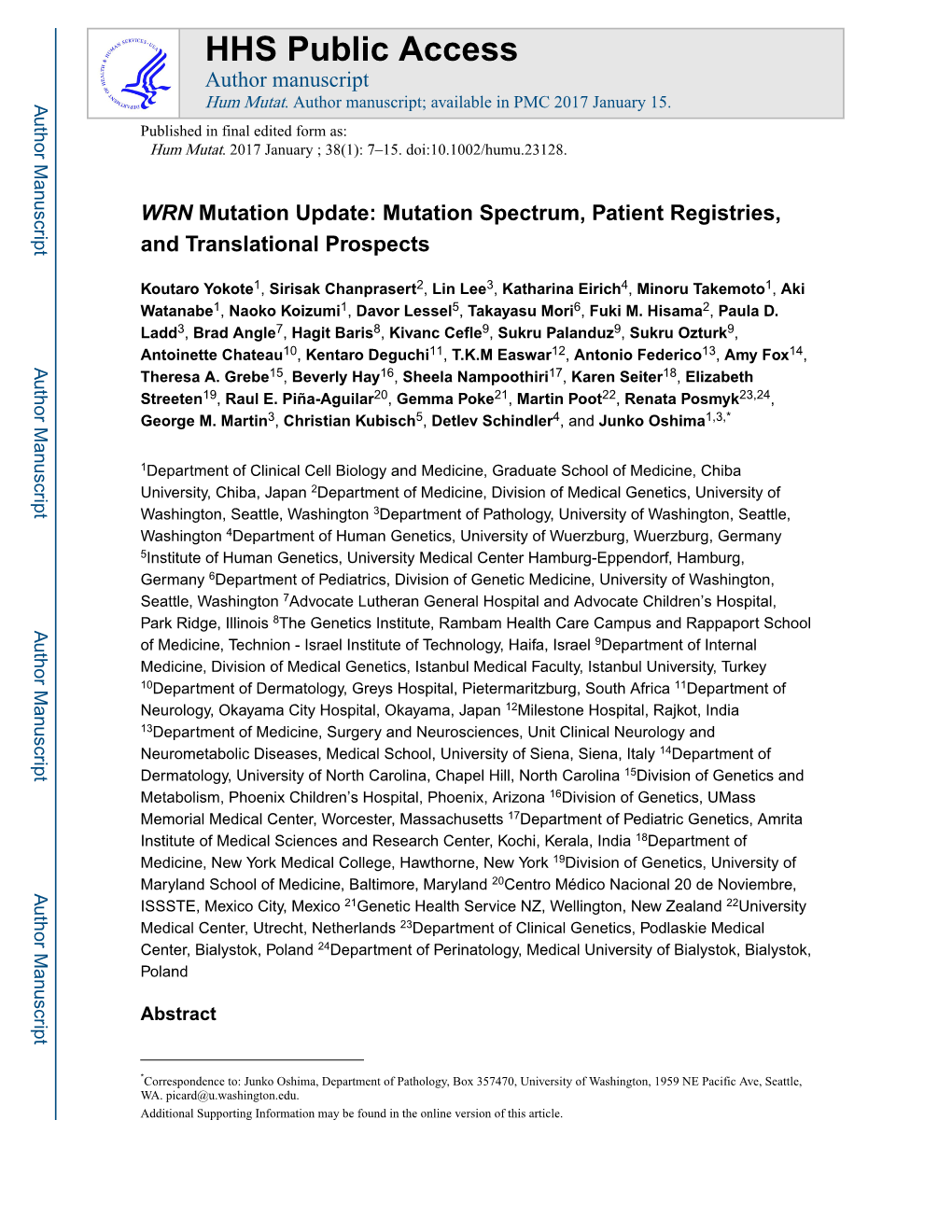 WRN Mutation Update: Mutation Spectrum, Patient Registries, and Translational Prospects