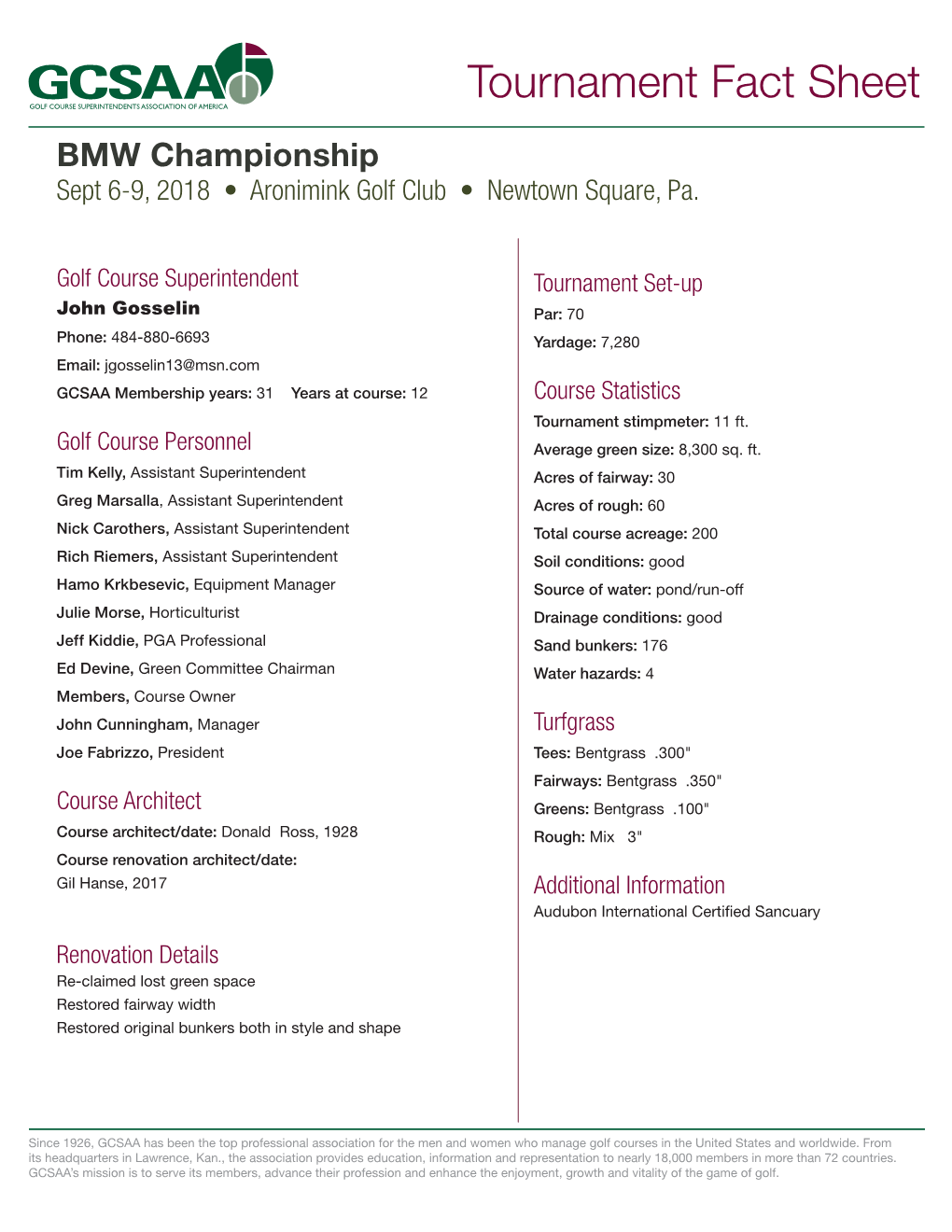 BMW Championship Sept 6-9, 2018 • Aronimink Golf Club • Newtown Square, Pa