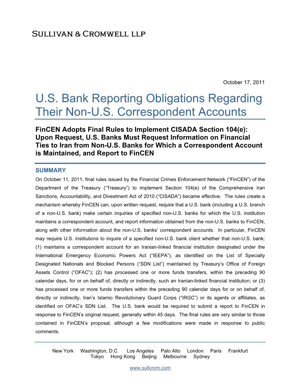 U.S. Bank Reporting Obligations Regarding Their Non-U.S. Correspondent Accounts