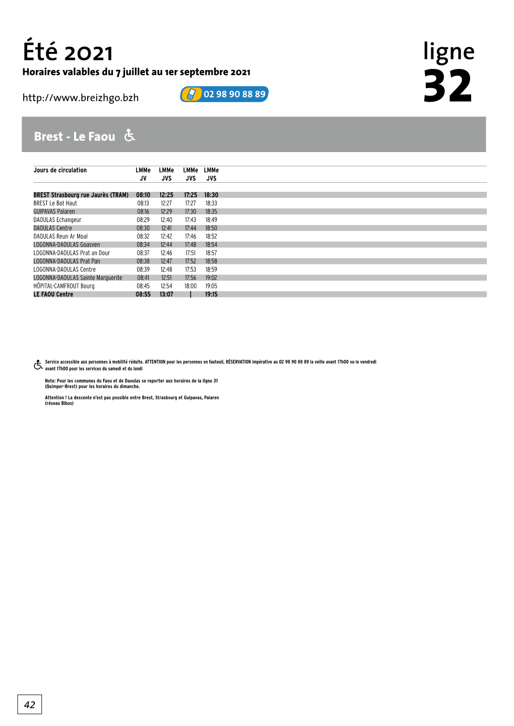 Été 2021 Ligne Horaires Valables Du 7 Juillet Au 1Er Septembre 2021 32 Brest - Le Faou