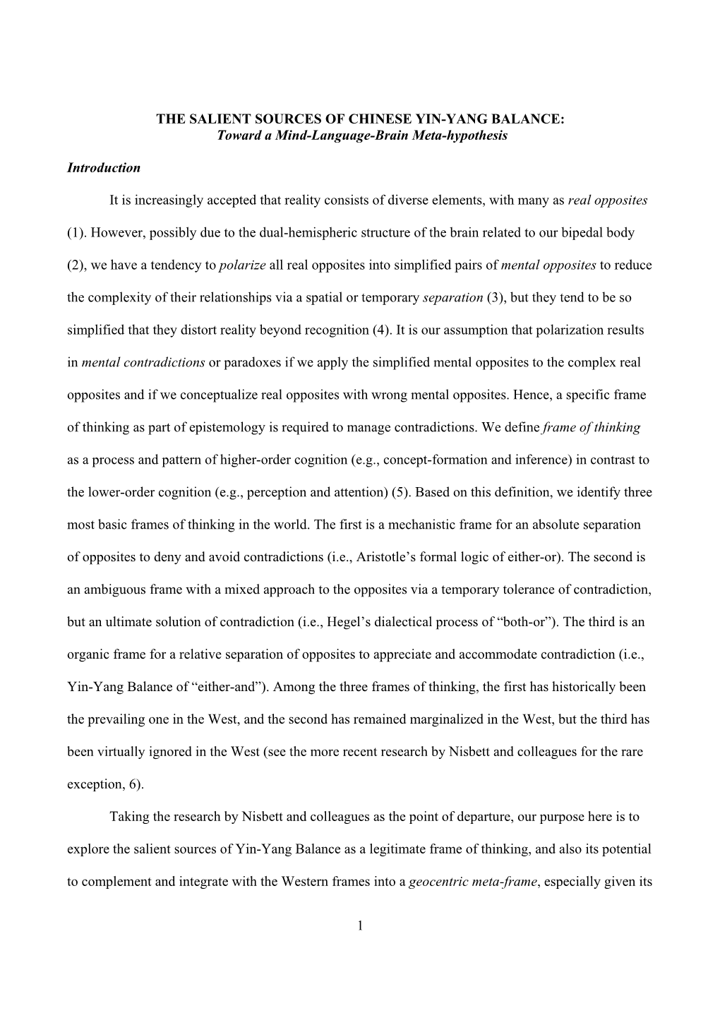 THE SALIENT SOURCES of CHINESE YIN-YANG BALANCE: Toward a Mind-Language-Brain Meta-Hypothesis