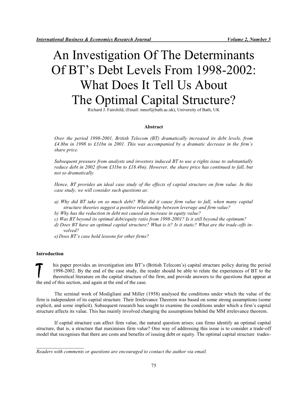 An Investigation of the Determinants of BT's Debt Levels from 1998-2002