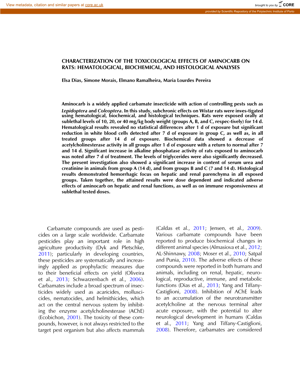 Characterization of the Toxicological Effects of Aminocarb on Rats: Hematological, Biochemical, and Histological Analyses