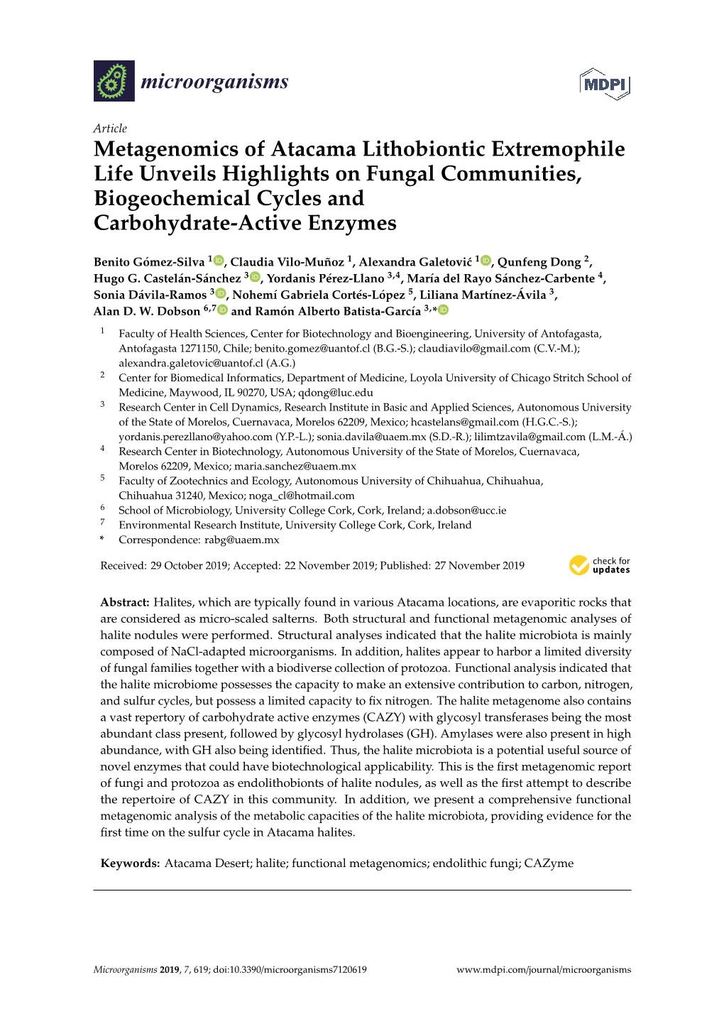 Metagenomics of Atacama Lithobiontic Extremophile Life Unveils Highlights on Fungal Communities, Biogeochemical Cycles and Carbohydrate-Active Enzymes