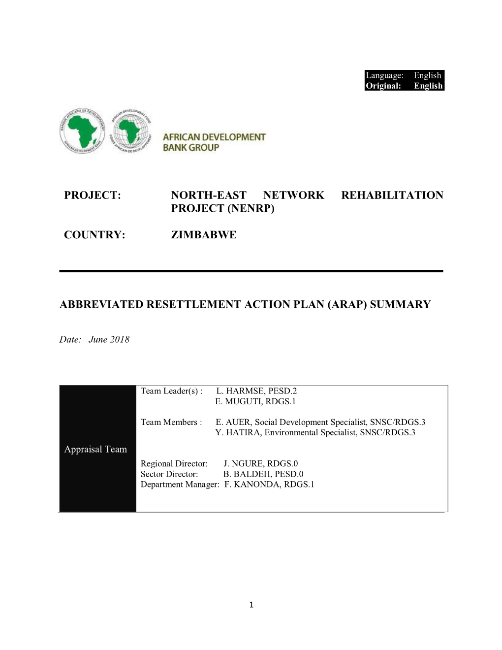 Zimbabwe Abbreviated Resettlement Action Plan