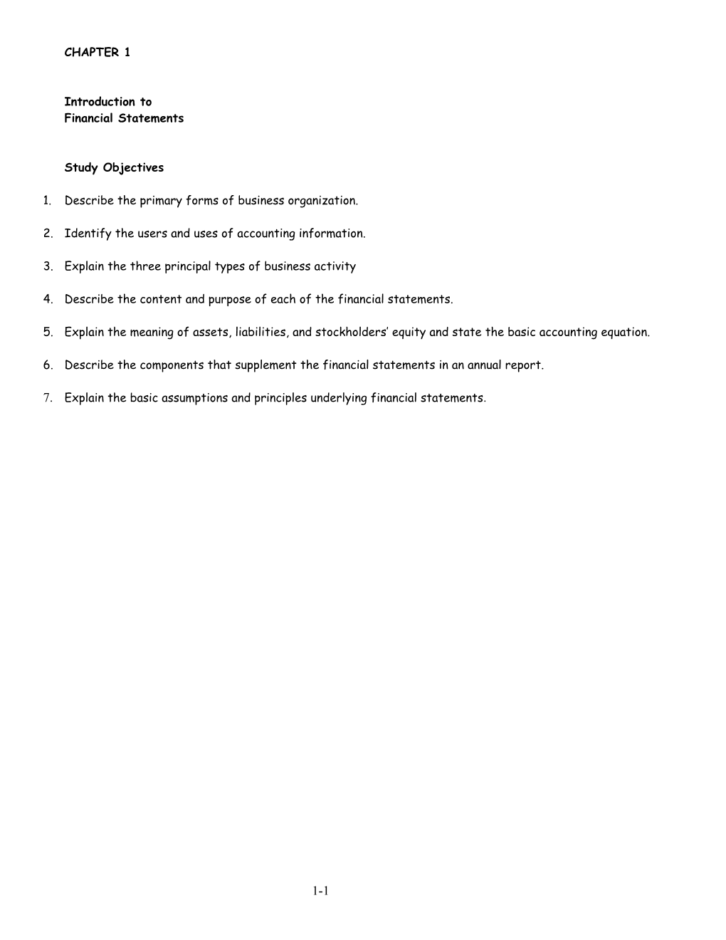 CHAPTER 1 Introduction to Financial Statements Study Objectives 1