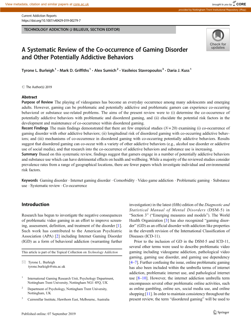 A Systematic Review of the Co-Occurrence of Gaming Disorder and Other Potentially Addictive Behaviors