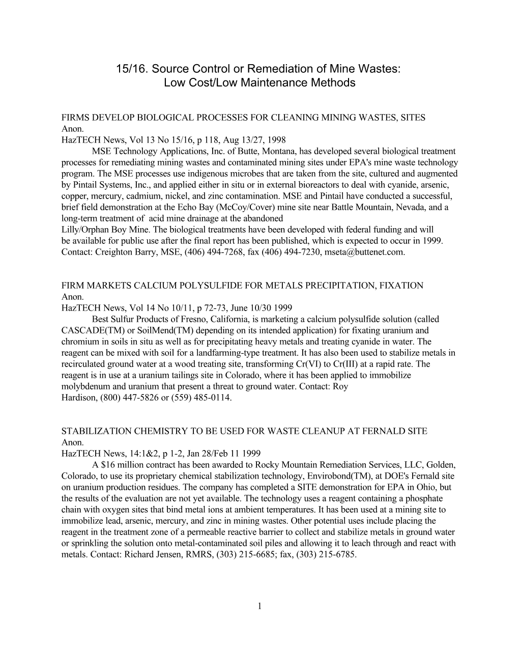 15/16. Source Control Or Remediation of Mine Wastes: Low Cost/Low Maintenance Methods