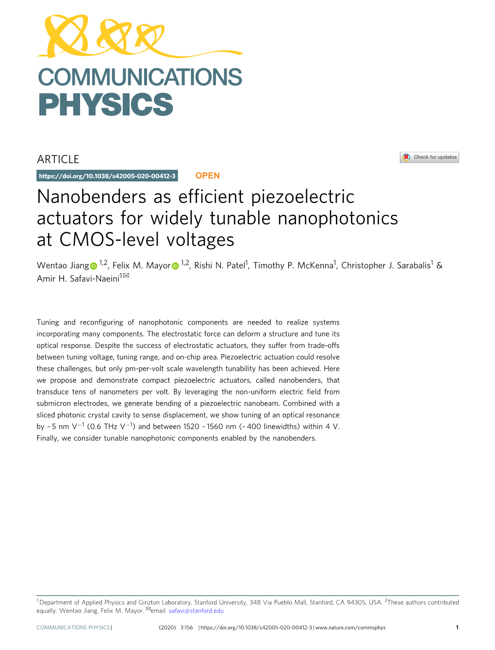 Nanobenders As Efficient Piezoelectric Actuators for Widely Tunable