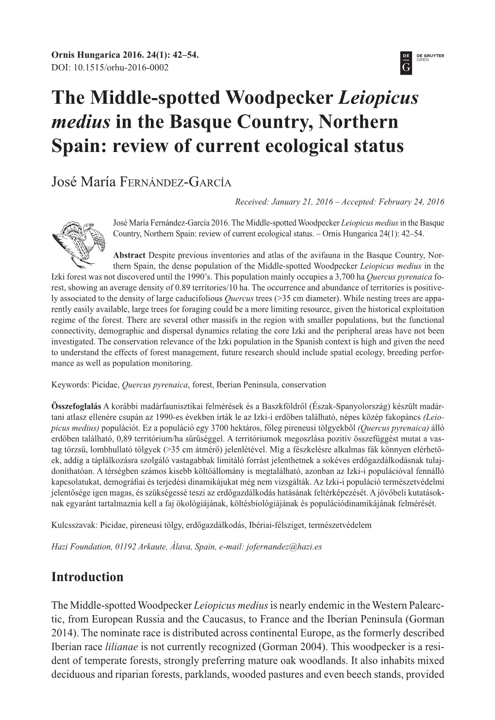 The Middle-Spotted Woodpecker Leiopicus Medius in the Basque Country, Northern Spain: Review of Current Ecological Status