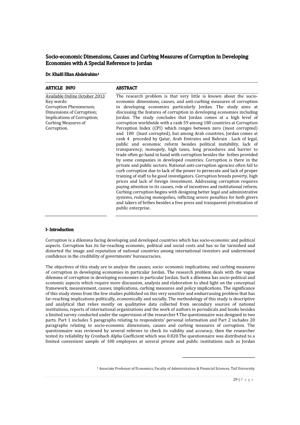 Socio-Economic Dimensions, Causes and Curbing Measures of Corruption in Developing Economies with a Special Reference to Jordan