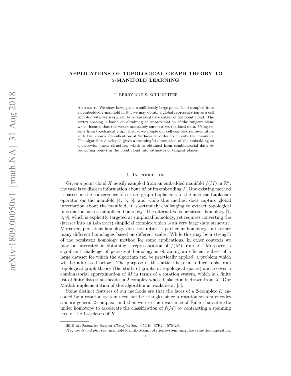 Applications of Topological Graph Theory to $2 $-Manifold Learning