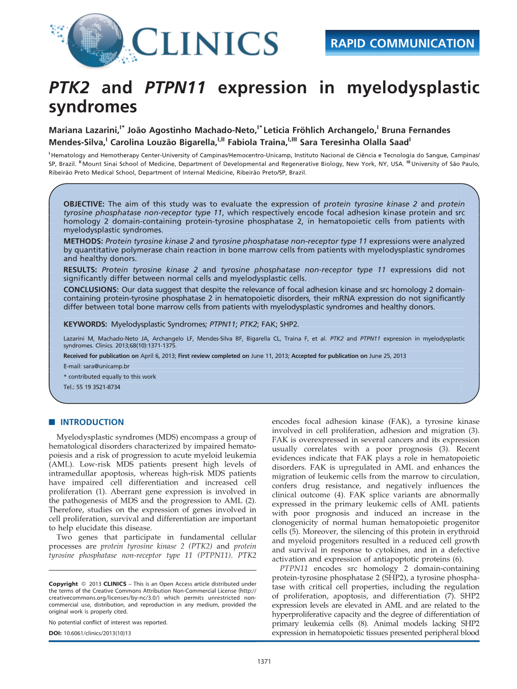 PTK2 and PTPN11 Expression in Myelodysplastic Syndromes