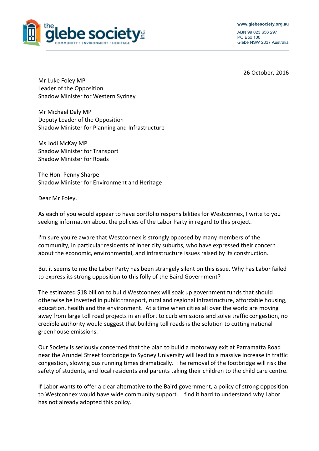 President's Letter to Luke Foley Re Westconnex