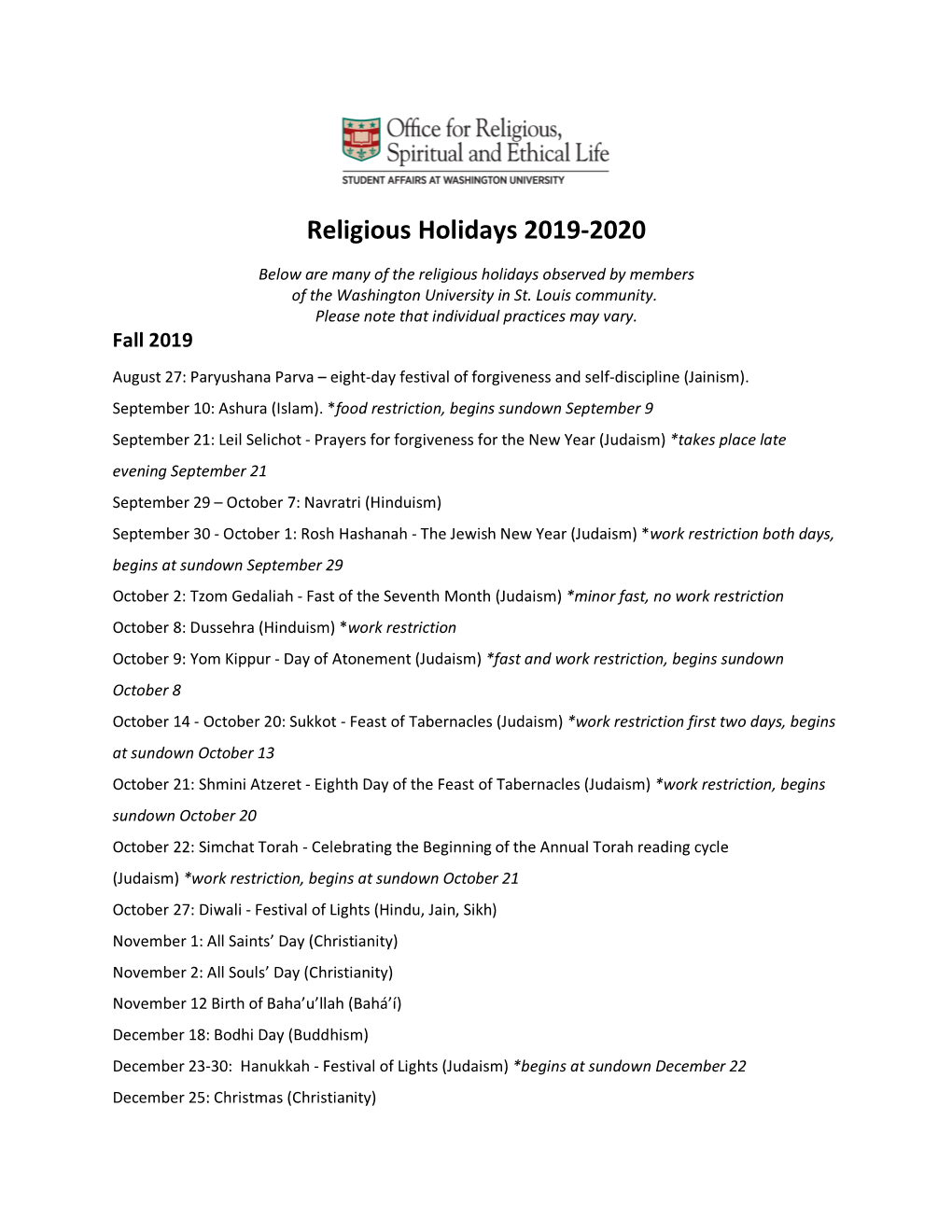 Holy Days Calendar 2019-2020 Two Page