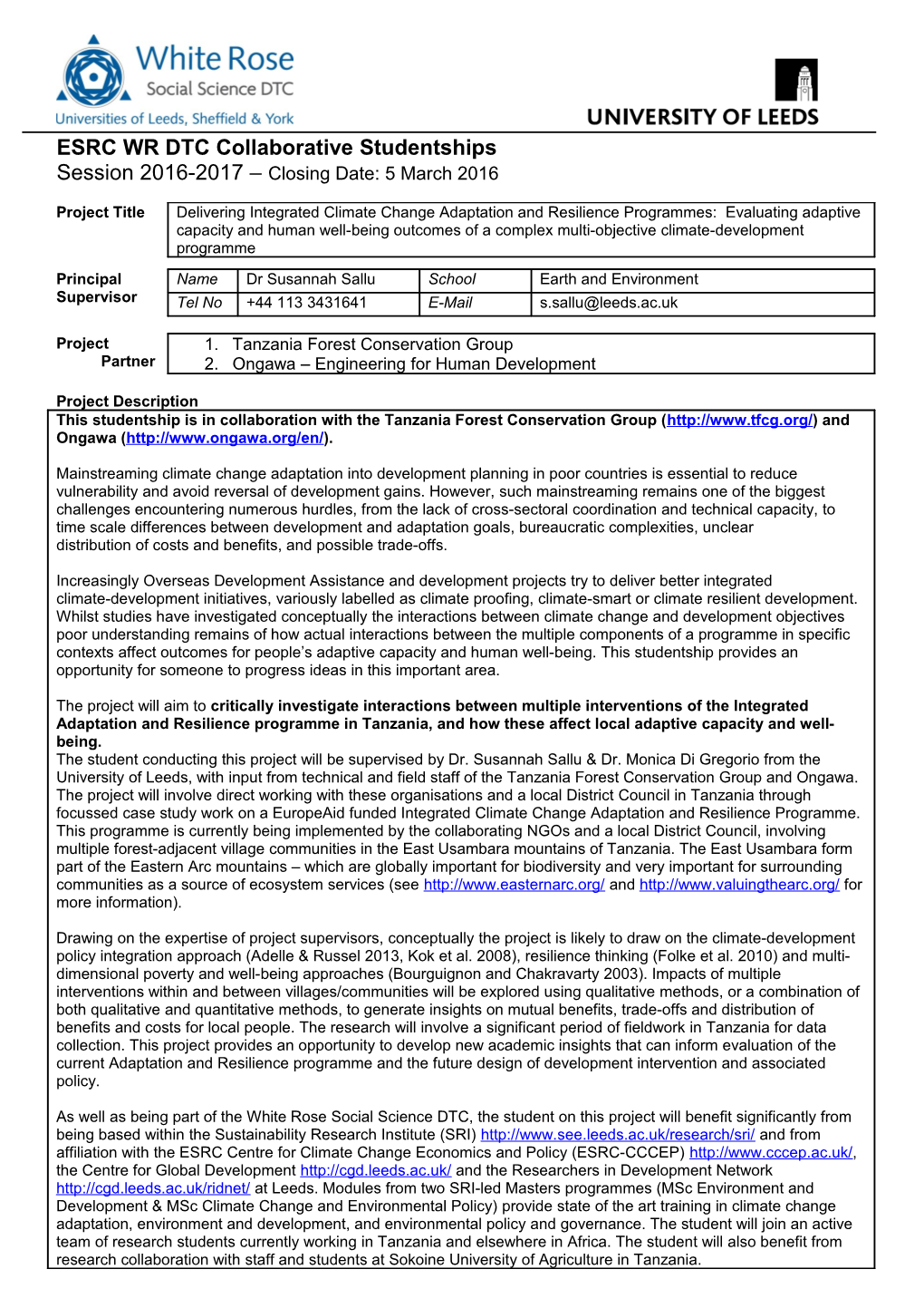 ESRC WR DTC Collaborative Studentships