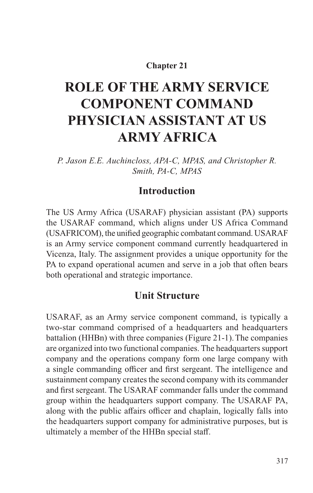 Role of the Army Service Component Command Physician Assistant at Us Army Africa