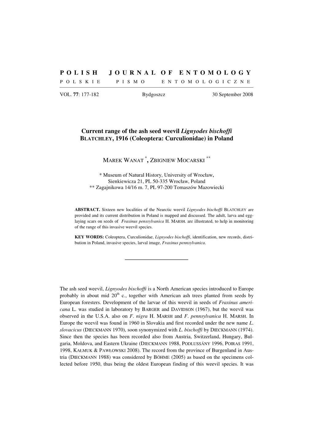 POLISHJOURNALOFENTOMO LOGY Current Range of the Ash Seed