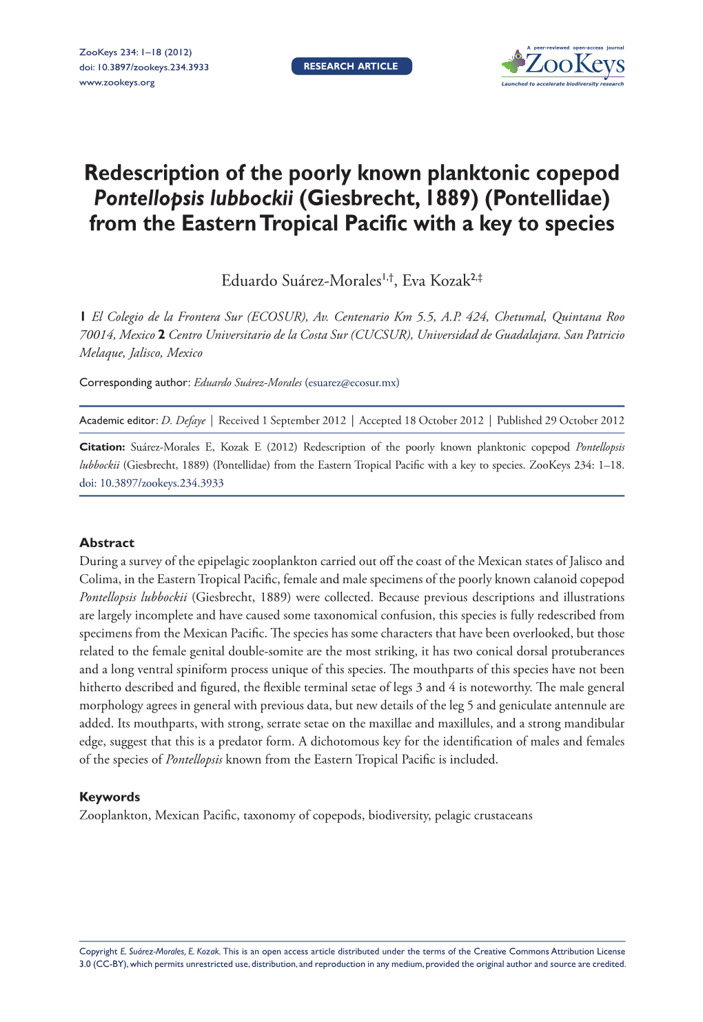 Redescription of the Poorly Known Planktonic Copepod Pontellopsis Lubbockii (Giesbrecht, 1889) (Pontellidae) from the Eastern Tropical Pacific with a Key to Species