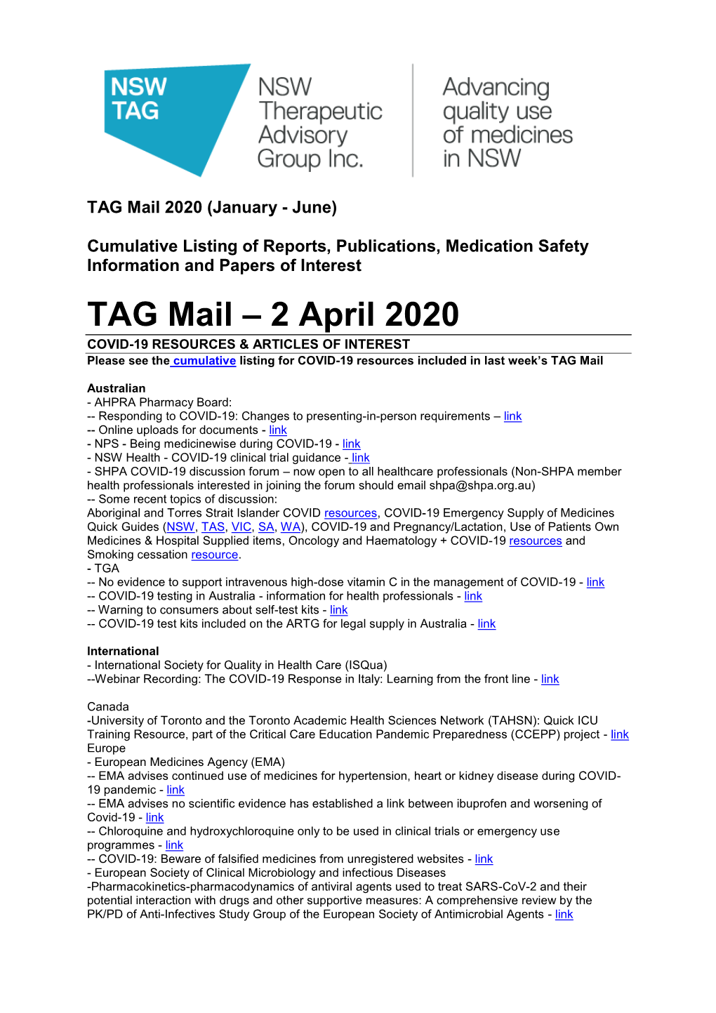 TAG Mail – 2 April 2020 COVID-19 RESOURCES & ARTICLES of INTEREST Please See the Cumulative Listing for COVID-19 Resources Included in Last Week’S TAG Mail