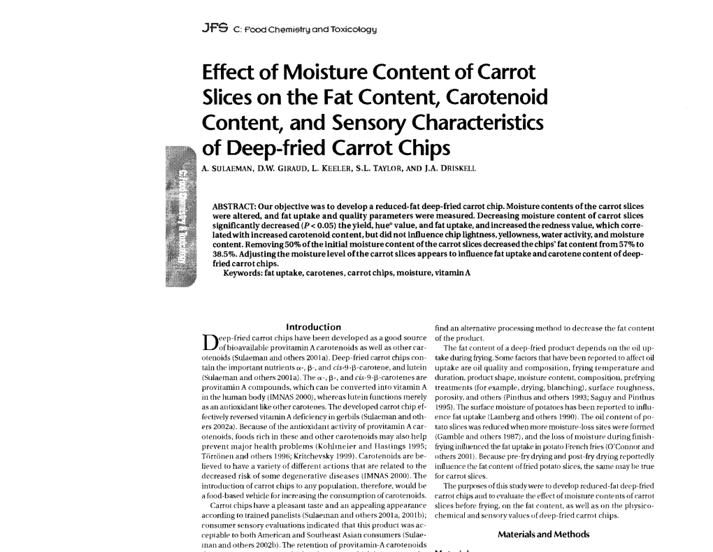 Effects of Moisture Content of Carrot Slices on the Fat Content