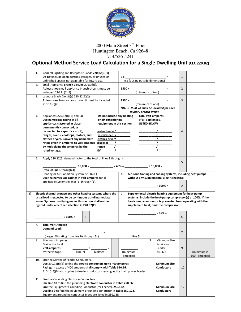 Optional Method Service Load Calculation for a Single Dwelling Unit (CEC 220.82)