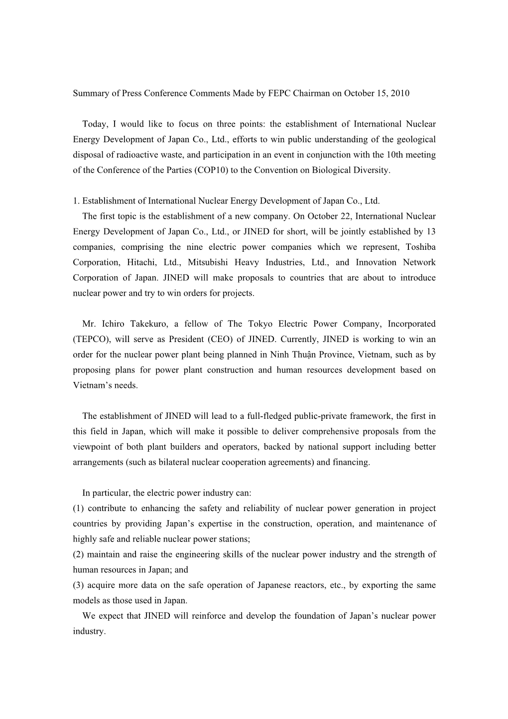 Summary of Press Conference Comments Made by FEPC Chairman on October 15, 2010