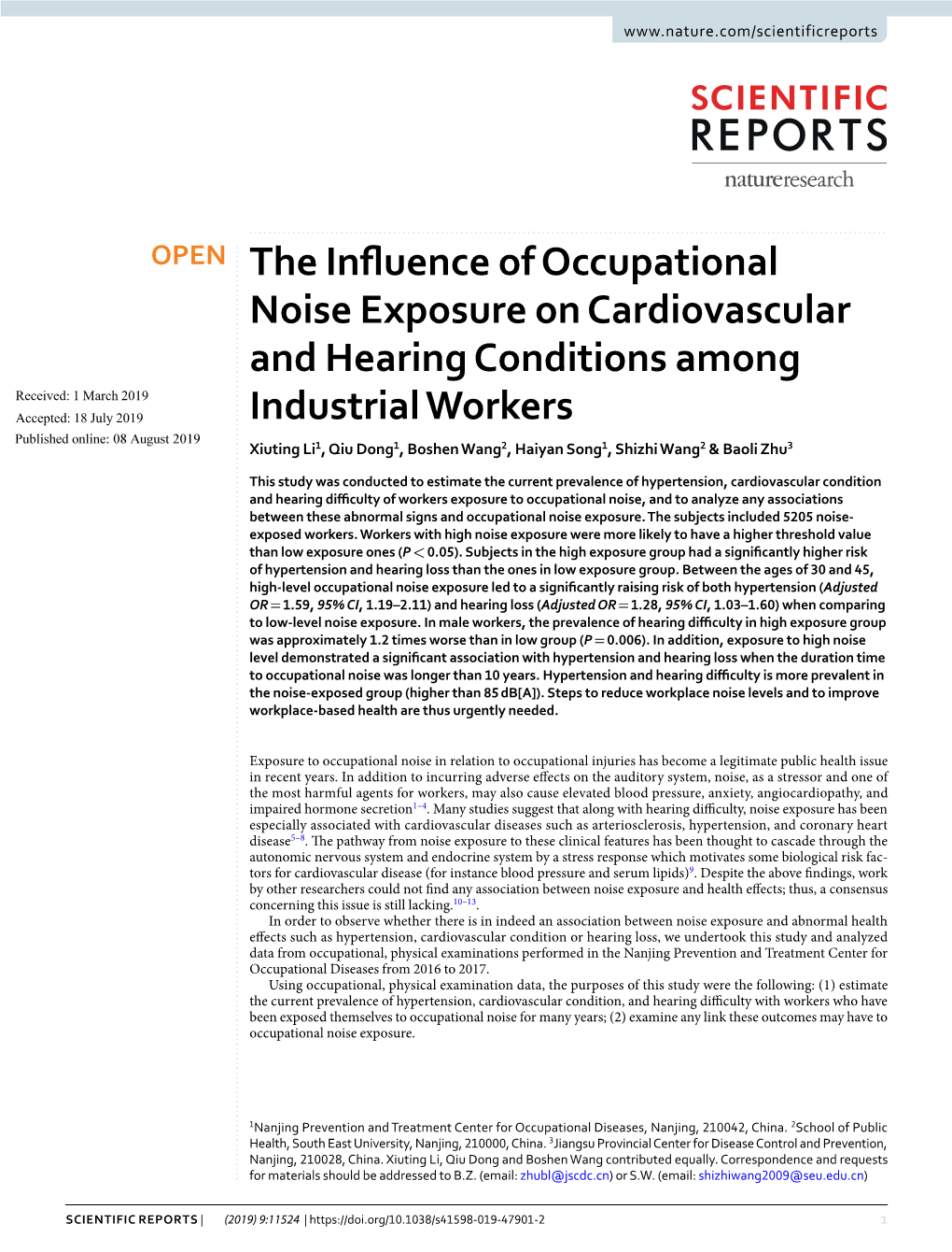 The Influence of Occupational Noise Exposure on Cardiovascular and Hearing Conditions Among Industrial Workers