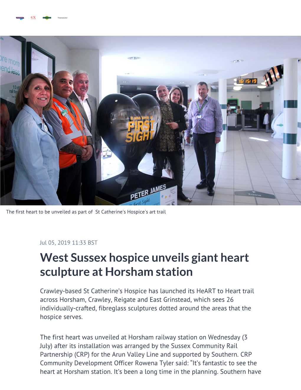 West Sussex Hospice Unveils Giant Heart Sculpture at Horsham Station