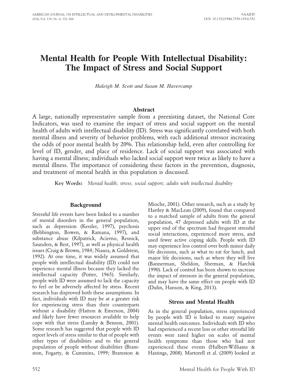Mental Health for People with Intellectual Disability: the Impact of Stress and Social Support