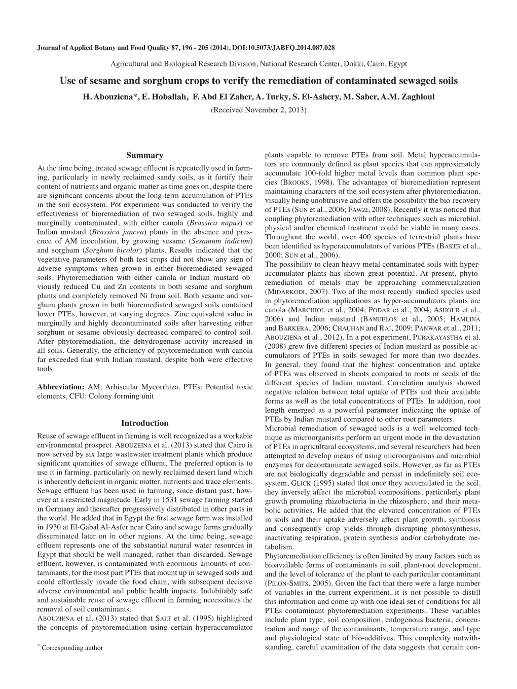 Use of Sesame and Sorghum Crops to Verify the Remediation of Contaminated Sewaged Soils H