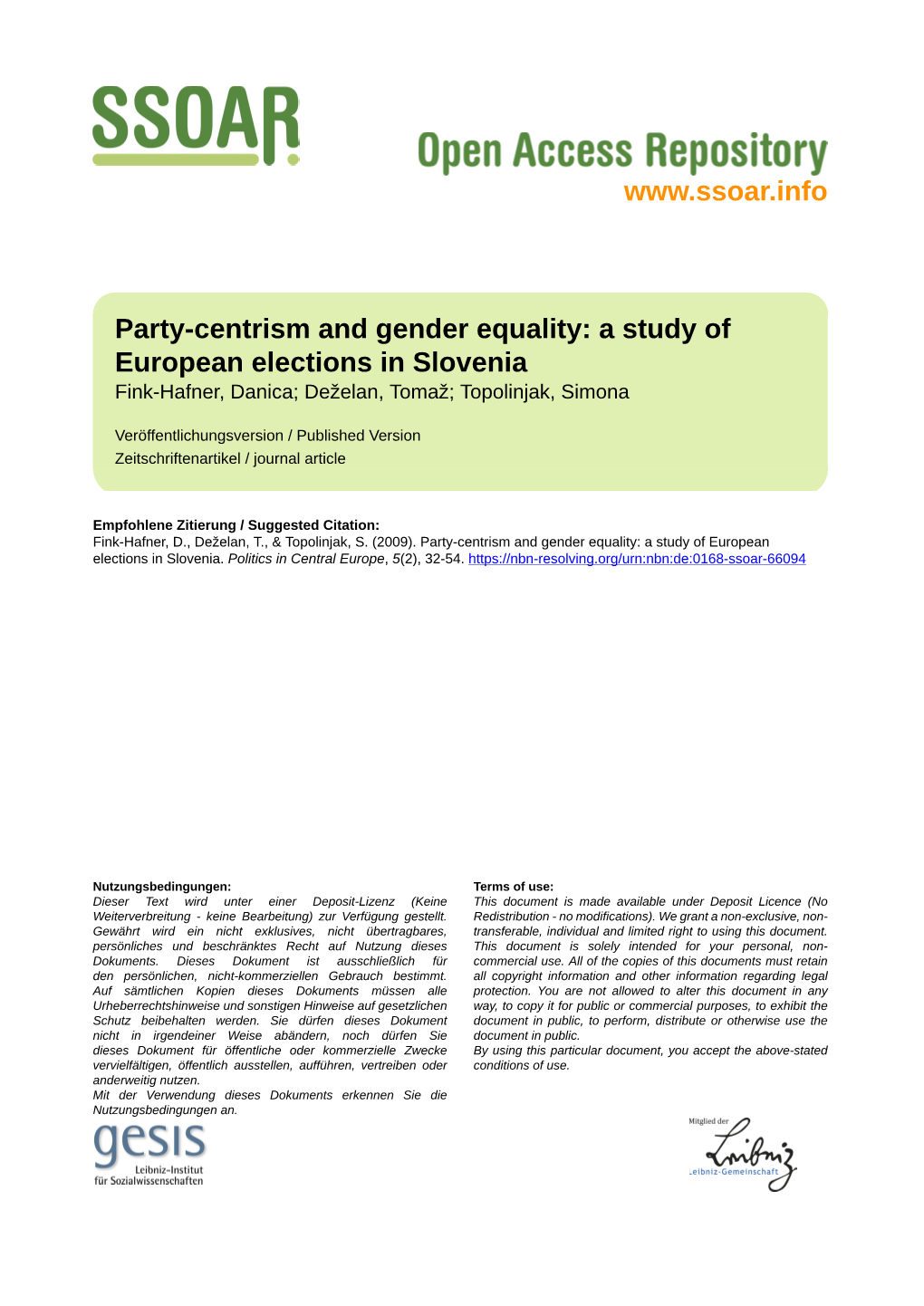 Party-Centrism and Gender Equality: a Study of European Elections in Slovenia Fink-Hafner, Danica; Deželan, Tomaž; Topolinjak, Simona