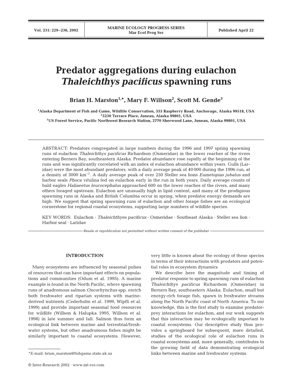 Predator Aggregations During Eulachon Thaleichthys Pacificus Spawning Runs