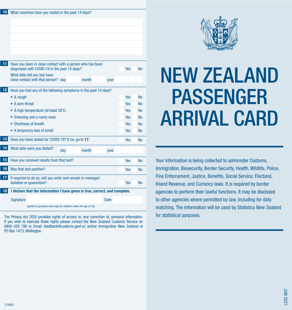 PASSENGER ARRIVAL CARD 3 List the Countries You Have Been in During the Past 30 Days