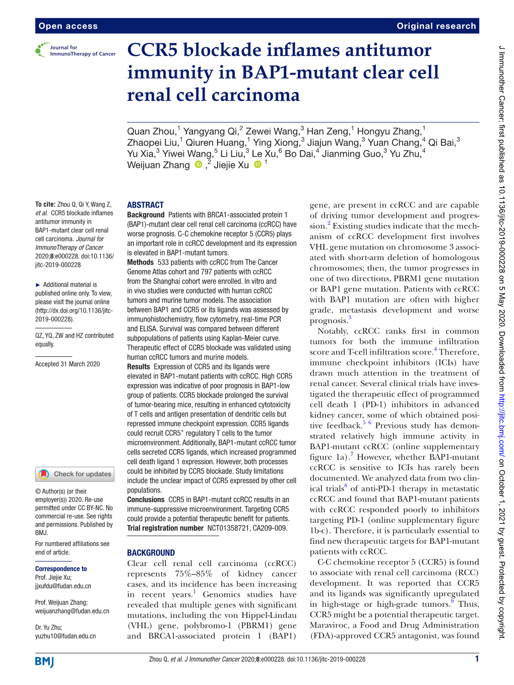 CCR5 Blockade Inflames Antitumor Immunity in BAP1-Mutant Clear Cell