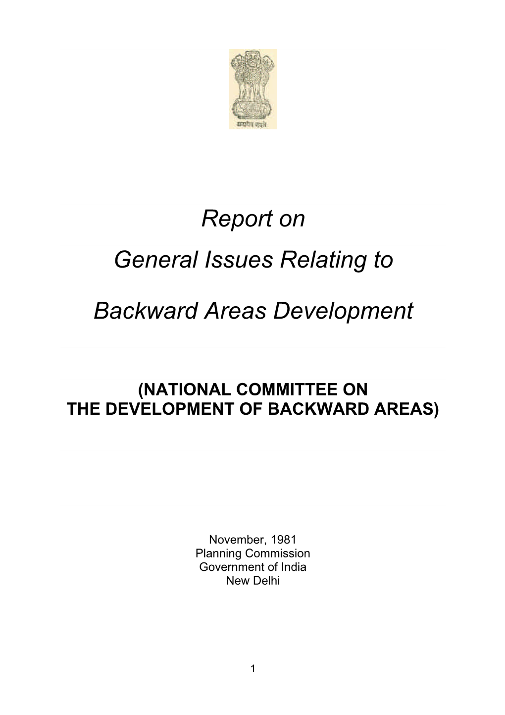 Report on General Issues Relating to Backward Areas Development